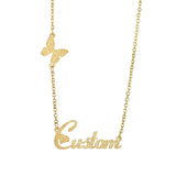 Frosted Butterfly Name Plate Necklace Personalized Stainless Steel Bling