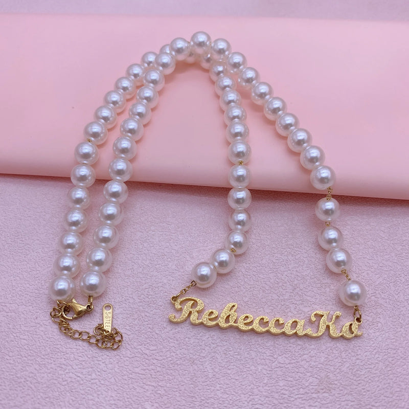 Frosted Name Necklace Pearl Stainless Steel Jewelry For Gift
