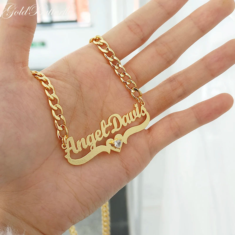 Heart Zircon Nameplate Necklace Stainless Steel Cuban Chain