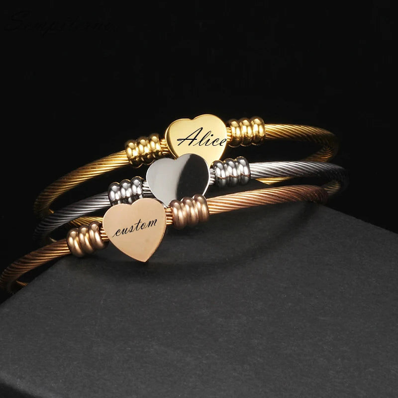 Engraved Heart Bracelets Stainless Steel Bangles Jewelry
