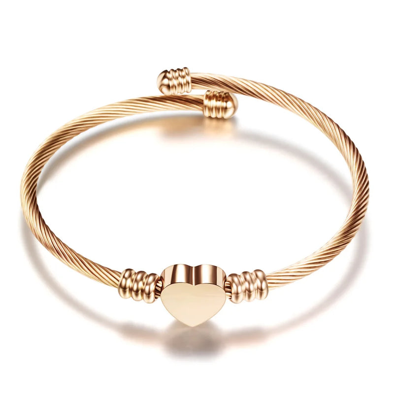 Heart Charms Engraved Name Cuff Stainless Steel Bracelet