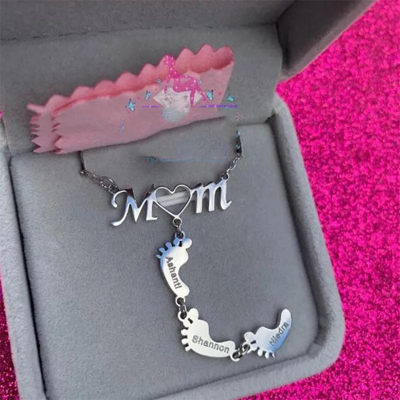 Heart Mom Necklace Stainless Steel Footprint Pendant Gift