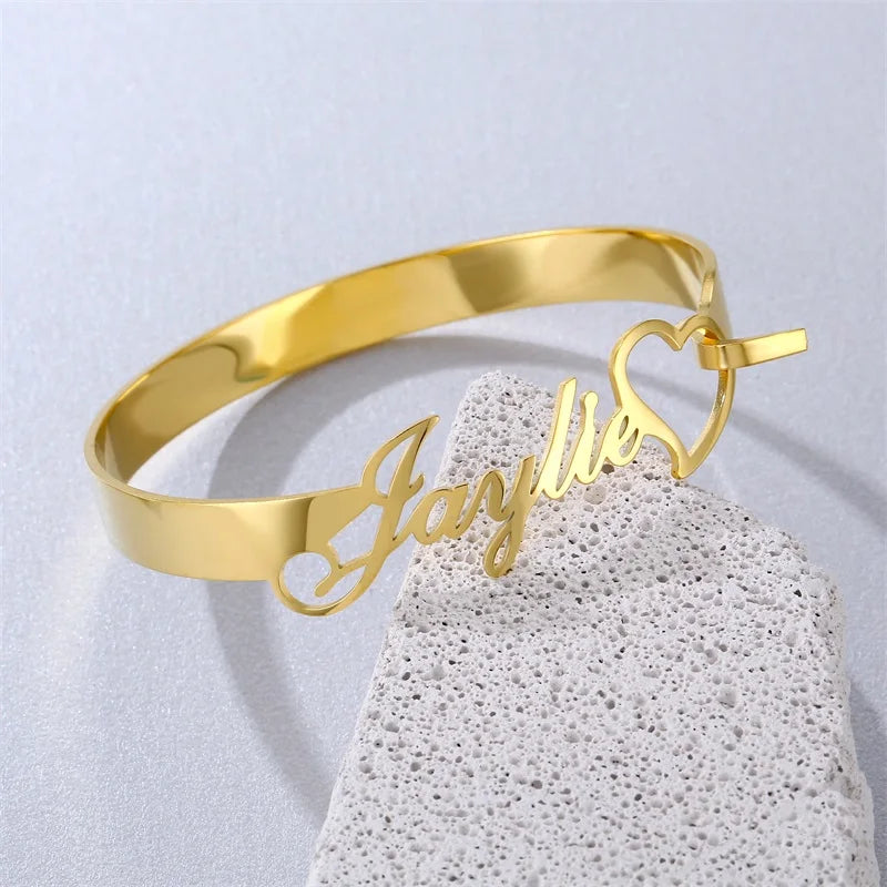 Heart Name Bangles Stainless Steel Personalized Ribbon Nameplate Bracelets