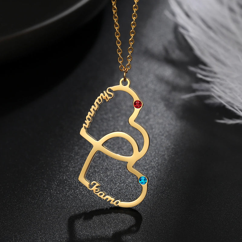 Heart Name Necklace with Birthstone Personalized Double Name Pendant
