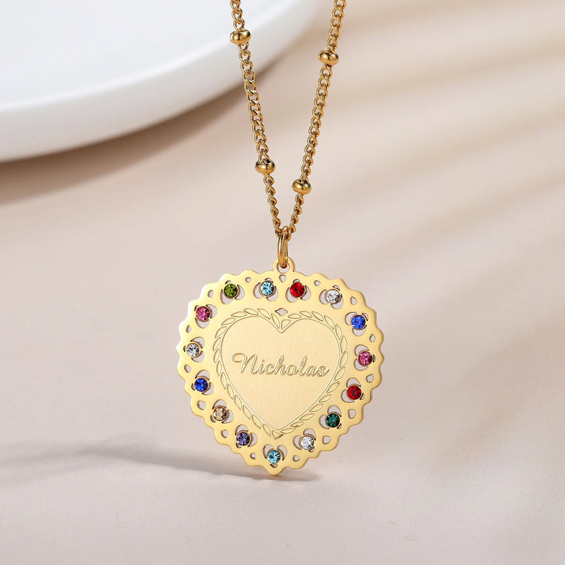 Heart Name Necklace With Birthstone Personalized Engrave Pendant