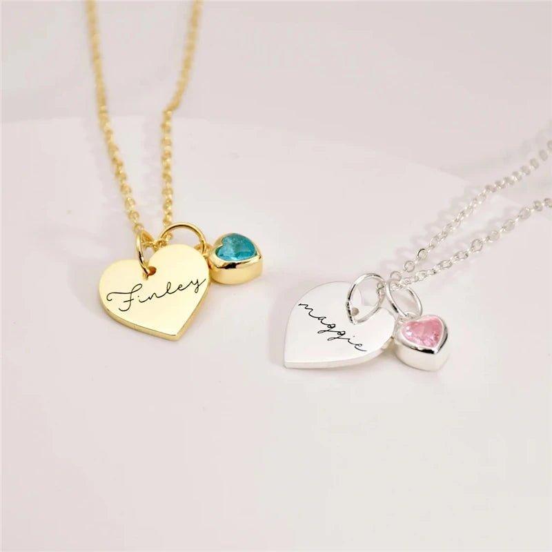 Personalized Heart Necklace With Birthstone, Engraved Name Jewelry