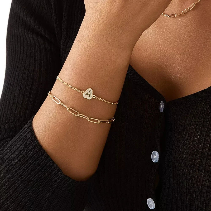 Diamond Initial Bubble Bracelet, Dainty Letter Charm Bangle