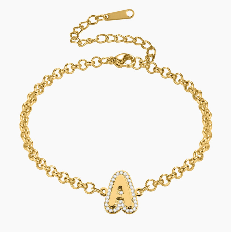 Bubble Letter Bracelet With Diamond Personalized A-Z Alphabet Pendant Bracelet