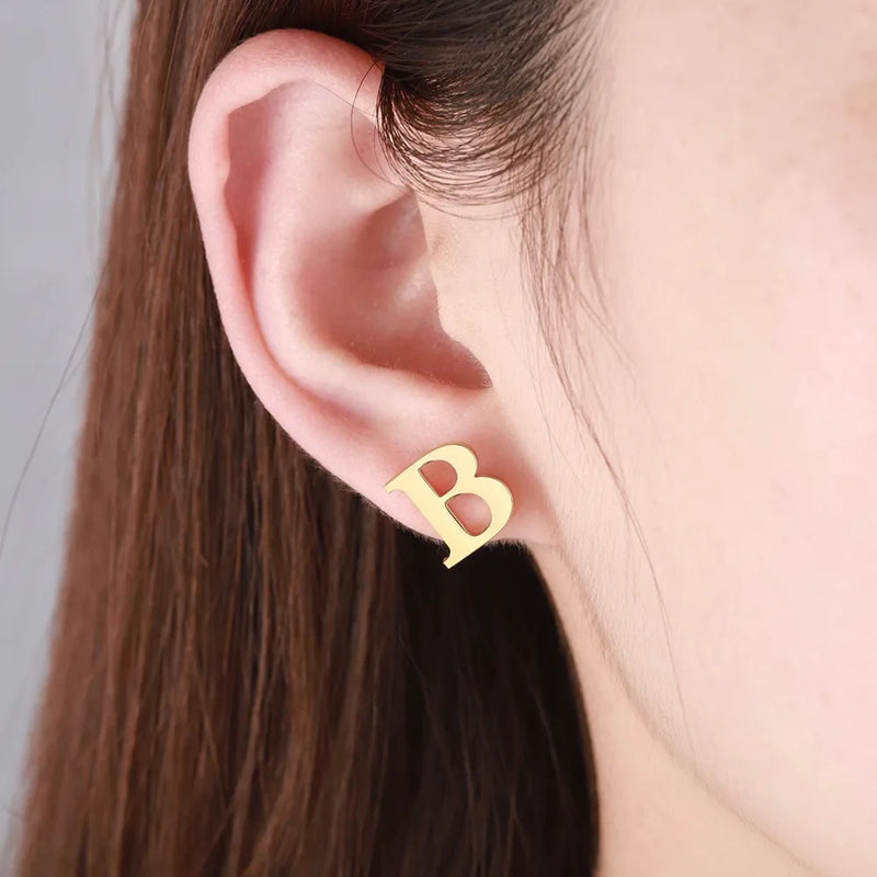 Small Initial Earrings Stainless Steel Personalized Alphabet Ear Studs