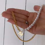 Initial Letter Necklace Half Pearl Half Cuban Link Chain Stainless Steel Choker