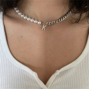 Initial Letter Necklace Half Pearl Half Cuban Link Chain Stainless Steel Choker