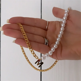 Initial Letter Necklace Half Pearl Half Cuban Link Chain Stainless Steel Choker