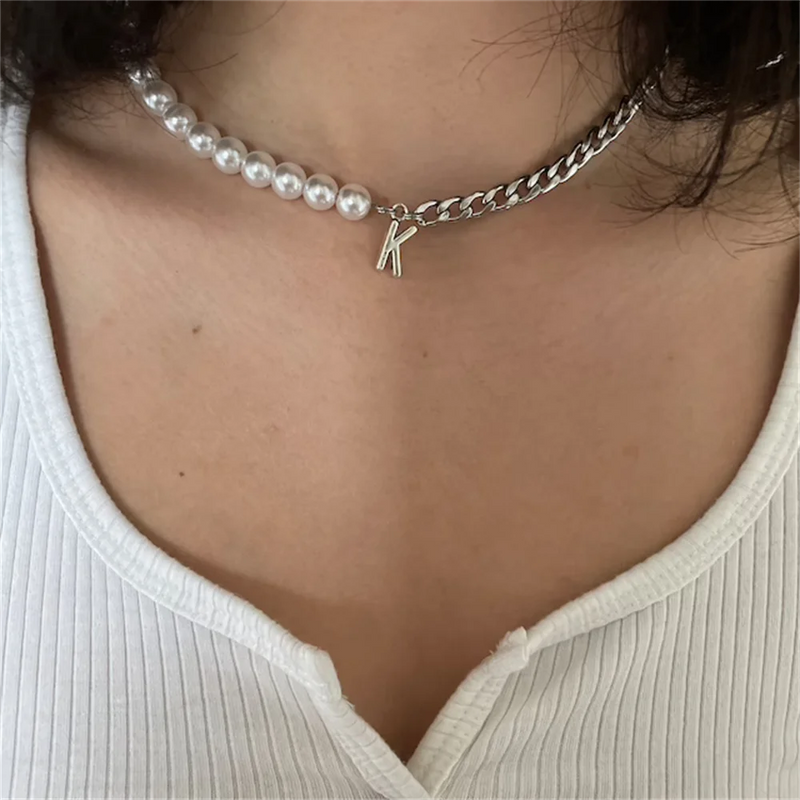 Initial Letter Necklace Half Pearl Half Cuban Link Chain Stainless Steel Choker
