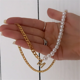 Initial Letter Necklace Half Pearl Half Cuban Link Chain Stainless Steel Choker
