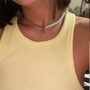 Initial Letter Necklace Half Pearl Half Cuban Link Chain Stainless Steel Choker