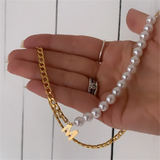 Initial Letter Necklace Half Pearl Half Cuban Link Chain Stainless Steel Choker
