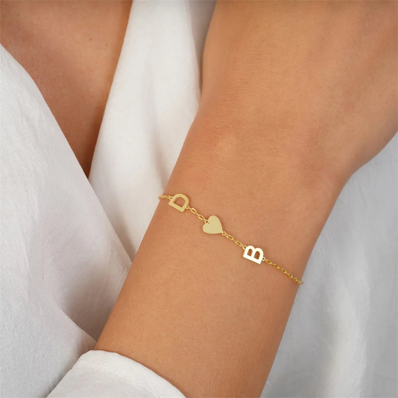 Personalized Initial Letter & Heart Bracelet - Stainless Steel Couple Jewelry