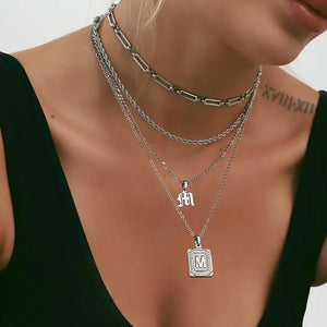 Square Initial Necklace Stainless Steel Charm Pendant Letter Necklaces