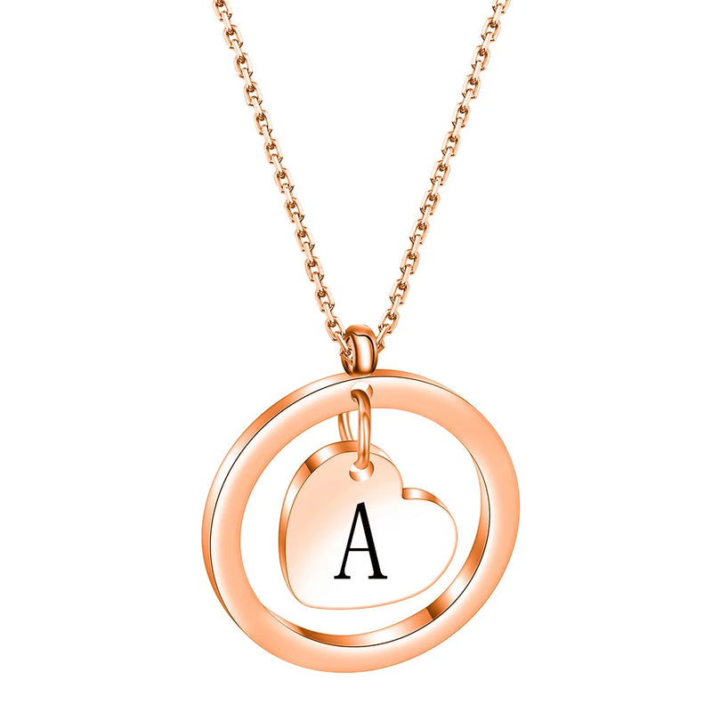 Initials Necklace For Women Stainless Steel Rose Heart Pendant Choker A-Z