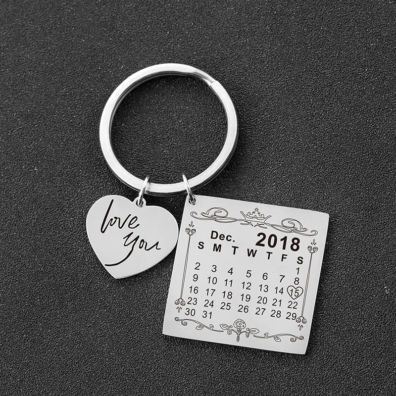 Personalized Calendar Date Key Chain Heart Love You Tag Couple Gift
