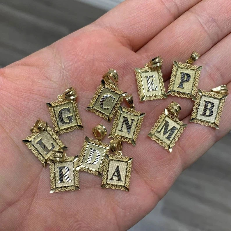 Letter Necklace Pendant Filigree Two-Tone Rectangle Uppercase Initial Letters