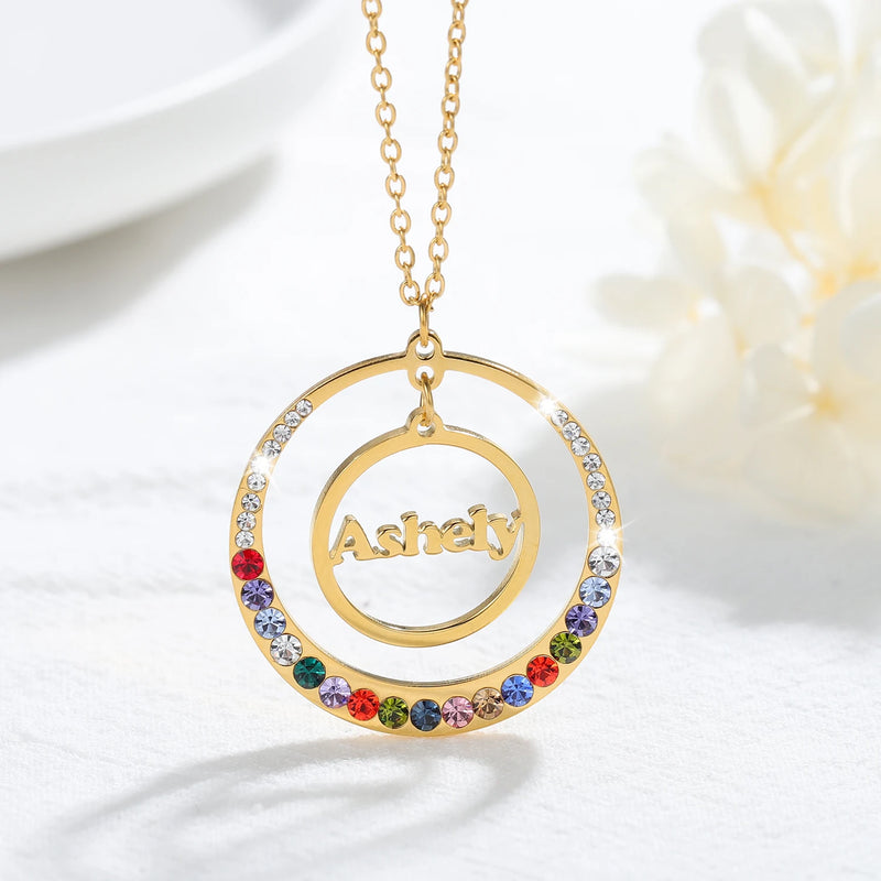 Personalized Name Birthstone Necklace Stainless Steel Disc Pendant