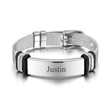 Men Engraved Stainless Steel Bracelet Length Adjustable Mesh Watch Band