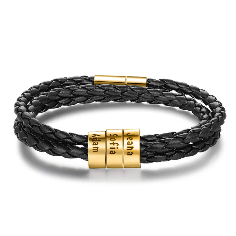 Personalized Family Name Men's Bracelet Layered Leather With Beads
