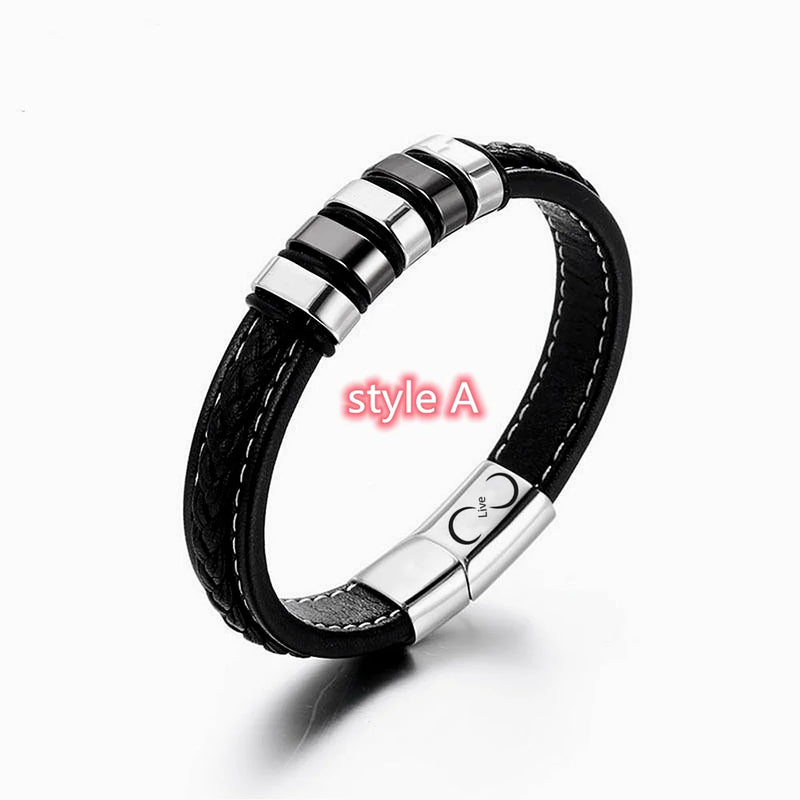 Men's Leather Bracelet Stainless Steel Beads Love Quote Magnetic Clasp