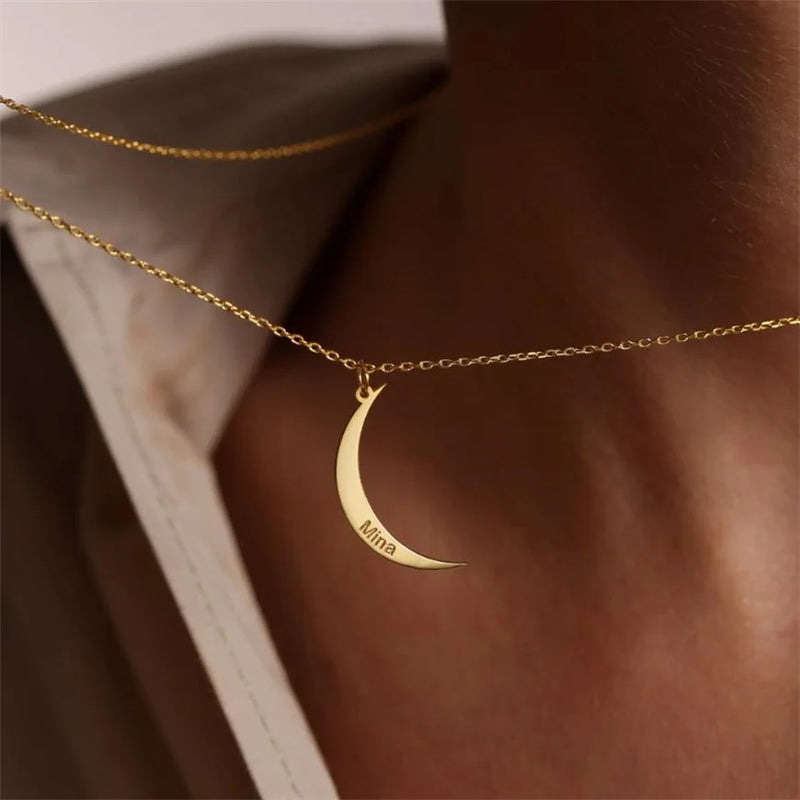 Moon Name Plate Necklace Personalized Stainless Steel Jewelry