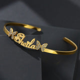 Personalized Name Bangle Butterfly Zircon Stainless Steel Women Bracelet