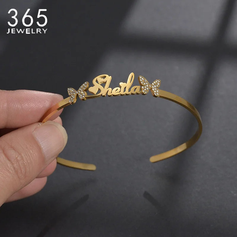 Personalized Name Bangle Butterfly Zircon Stainless Steel Women Bracelet