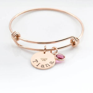Name Bangle Birthstone Round Pendant Stainless Steel Adjustable Bangle