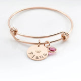 Name Bangle Birthstone Round Pendant Stainless Steel Adjustable Bangle