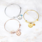 Name Bangle Birthstone Round Pendant Stainless Steel Adjustable Bangle