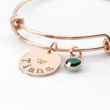 Name Bangle Birthstone Round Pendant Stainless Steel Adjustable Bangle