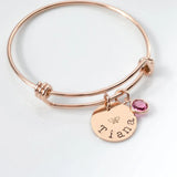 Name Bangle Birthstone Round Pendant Stainless Steel Adjustable Bangle