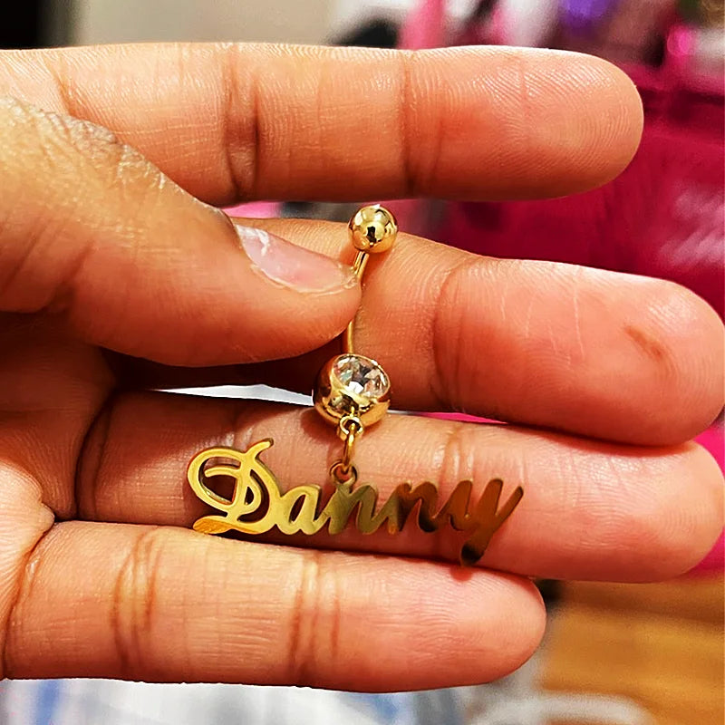 Personalized Nameplate Belly Ring Stainless Steel Rhinestone Navel Ring