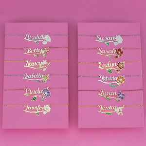 Personalized Birth Flower Necklace with Birthstone Enamel Handwriting