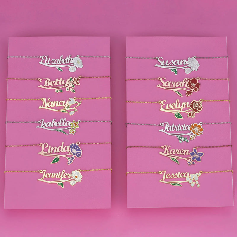 Personalized Birth Flower Necklace with Birthstone Enamel Handwriting