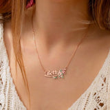 Personalized Birth Flower Necklace with Birthstone Enamel Handwriting