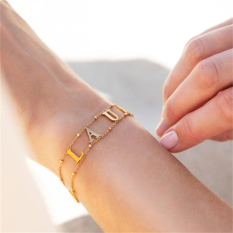 Name Bracelet Double Chain Personalized Initial Bangle Stainless Steel