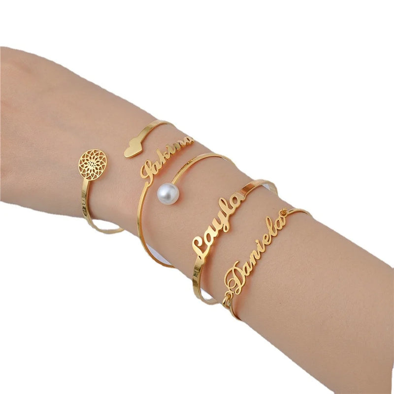 Personalized Name Bracelet Cuff Bangle Stainless Steel Women Jewelry