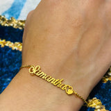 Personalized Stainless Steel Name Bracelet with Gold Heart - Handwriting Style