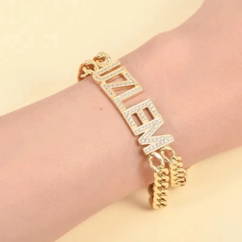 Personalized Rhinestone Name Bracelet Double Chain Stainless Steel Bangle