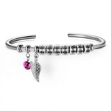 Leaf Birthstone Name Bracelet for Women Stainless Steel Cuff Bangle