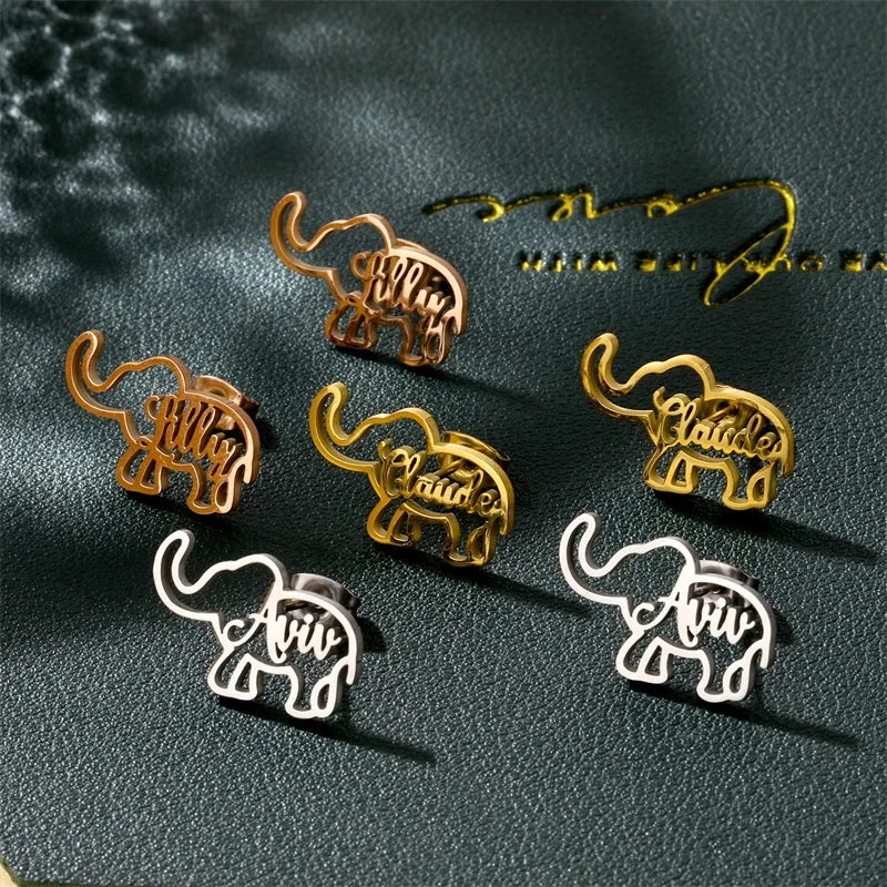 Personalized Stainless Steel Elephant Initial Name Earrings