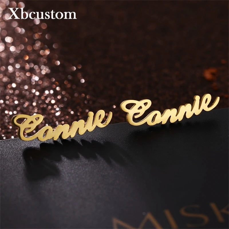 Personalized Name Earrings Stainless Steel Studs Women Birthday Gift
