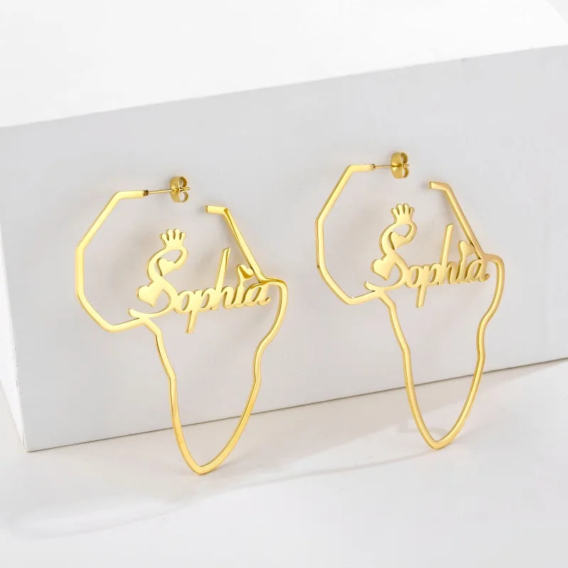 Crown Africa Map Name Earrings Stainless Steel Personalized Hoops for Women