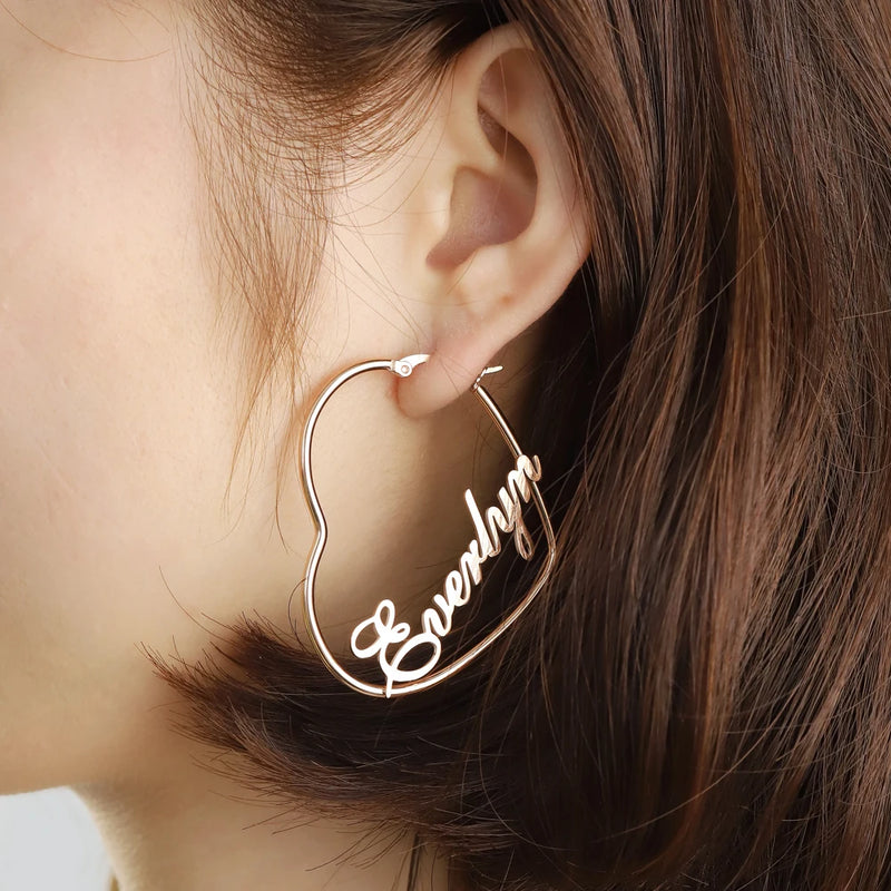 Personalized Name Heart Earrings Stainless Steel Dangler Earring